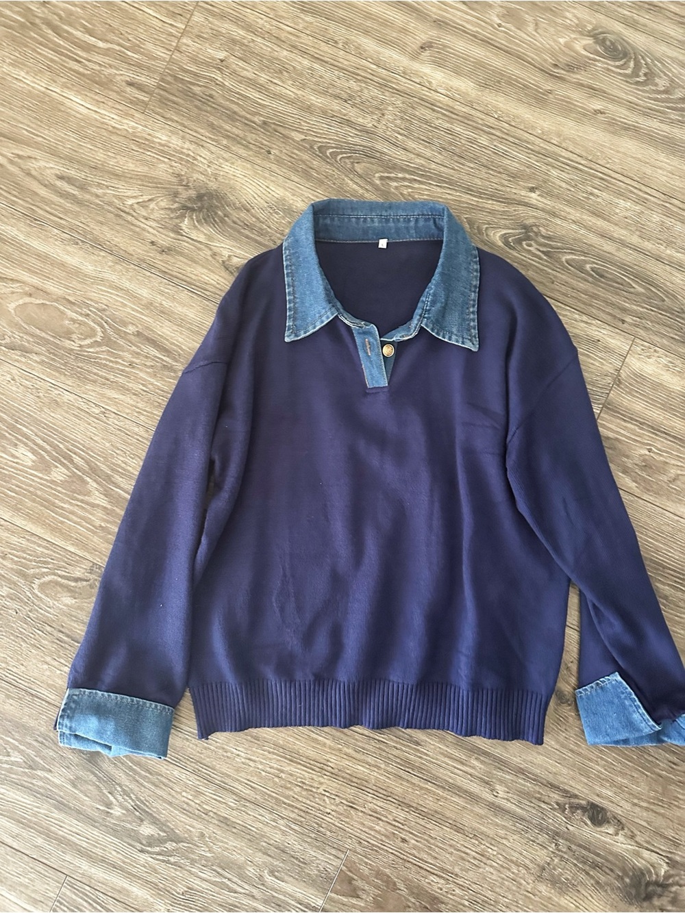 Navy Knit Sweater with Denim Collar and Cuffs - Picture 2 of 3